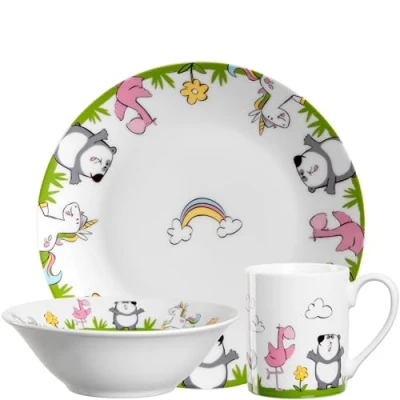 Abbildung von Leonardo Bambini Kinder Geschirr Set 3 teilig aus hochwertigem Porzellan Spülmaschinenfest, mikrowellengeeignet, robust Mit Tier Motiven Löwe, Elefant, Krokodil, 023152