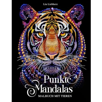 Abbildung von Punkte Mandalas Kreatives Malbuch für Erwachsene mit Tieren: Entspannende Tier aus Punkten auf schwarzem Hintergrund