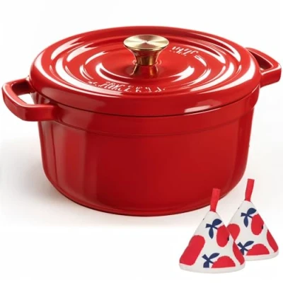 Abbildung von Overmont Bräter Emailliert Gusseisen Topf Dutch Oven 26cm backofengeeignet mit Deckel und Kochbuch für Braten Küche Backen Schmoren Rot