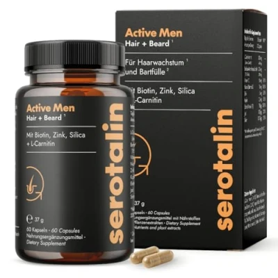 Abbildung von serotalin® ACTIVE HAIR Haar Vitamine für Männer 60 vegane Kapseln Hochdosiertes Biotin Mit Zink, Selen, Niacin, L Carnitin, Silica &amp; Vitamin C Haare, Haut Nägel made in Germany