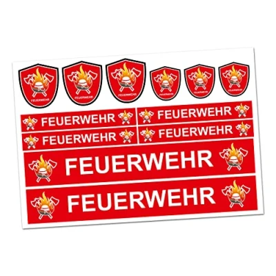 Abbildung von Finest Folia 6 x Feuerwehr Aufkleber Sticker für Auto Boot Caravan Bus Bike Fahrrad Dreirad Rutschauto Spielauto Modellbau Helm RC Car Plakette (R023 Rot)