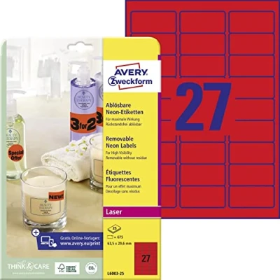Abbildung von AVERY Zweckform L6003 25 leuchtend neonrote Etiketten (675 Aufkleber, 63,5x29,6mm auf A4, selbstklebend, bedruckbar, wiederablösbar, farbige Klebeetiketten zum auffälligen Kennzeichnen) Blatt