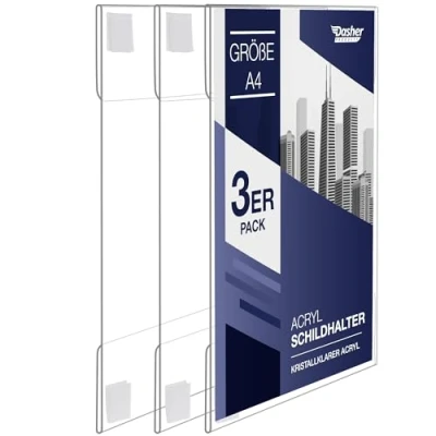 Abbildung von Dasher Products Acryl Schilderhalter zum Einklemmen, A4 Hochformat oder Querformat, durchsichtiger Wandrahmen, perfekt für Zuhause, Büro, Geschäft, Laden, Restaurant (A4 3 Pack)