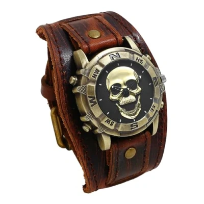 Abbildung von JewelryWe Herrenuhr Totenkopf Echtleder Uhr: Vintage Steampunk Gold Gothic Schädel Armbanduhr Herren Kaffee Breit Lederarmband Biker Sport Lässige Uhr für Männer Halloween Party