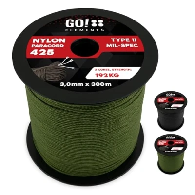 Abbildung von GO!elements 300m Paracord Seil aus reißfestem Nylon 3mm 425 Typ II max. 192kg Schnüre als Outdoor Seil, Allzweckseil, Survival Armband, Hundeleine, Nylonschnur, Farbe:Oliv