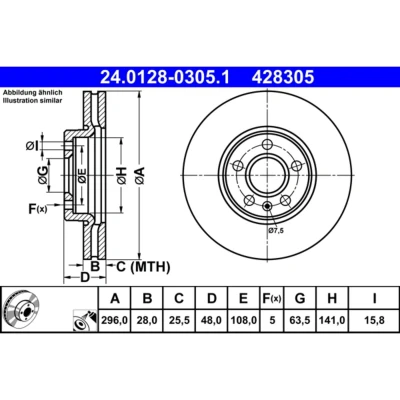 Abbildung von ATE 24.0128 0305.1 Bremsscheibe 296,0 28,0 5 108,0 Belüftet beschichtet hochgekohlt VOLVO: S90 II, V90 II Estate, V60