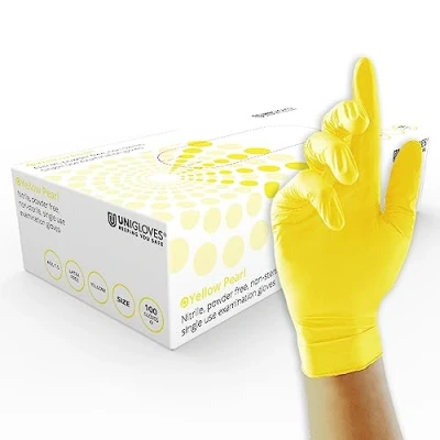 Abbildung von UNIGLOVES Yellow Pearl Nitril Untersuchungshandschuhe vielseitig einsetzbar, puderfreie und latexfreie Einweghandschuhe Box mit 100 Handschuhen, Gelb, Klein (GP0112)