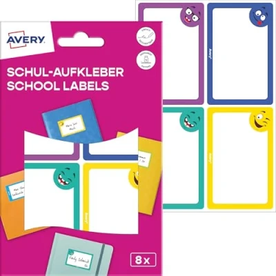 Abbildung von AVERY Zweckform SCHOOL8S Namensaufkleber Schule Kinder 8 Stück (46x72mm, Papier, selbstklebende Heftaufkleber, beschriftbare Namensetiketten, Buchetiketten für Schule, Kindergarten) bunt, Gesichter