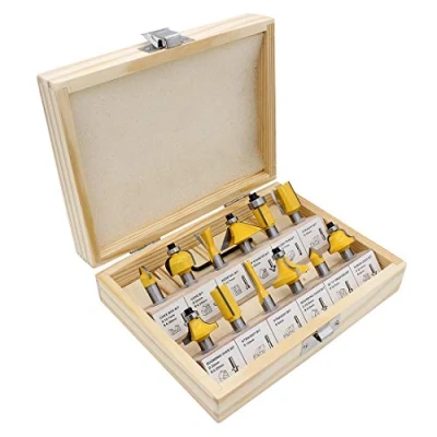 Abbildung von DingGreat 12 teilig 8mm Schaft Fräsersatz, Tungsten Hartmetall bestückten Fräser Set, Anlaufkugellager inkl. Sechskant Schlüssel und Holz Koffer