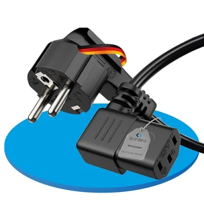 Abbildung von sonero Stromkabel Kaltgerätekabel 3 Polig, 1,0m, Schutzkontakt Schuko Stecker Netzstecker auf Kaltgerätekupplung C13 Buchse, 90 Winkel Netzkabel Netzteil Strom Kabel für Monitor PC Drucker, Schwarz
