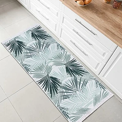 Abbildung von Fashion4Home Teppich Kurzflor Boho Kelim Teppich, Wohnzimmerteppich, Schlafzimmer und Küchenteppich, Läufer, Flur Kinderzimmerteppich Palm Grün Weiß, Grüße: 60x90 cm