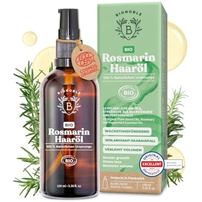Abbildung von Bionoble Rosmarinöl Haare Bio Fördert Haarwachstum &amp; Verlangsamt Haarausfall Mit Rizinusöl Haaröl Rosmarin Rosemary Oil for Hair Growth Glasflasche, Pipette + Pumpe 100 ml