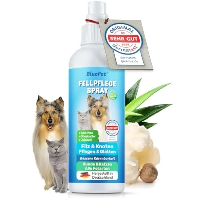 Abbildung von BluePet Entfilzungsspray für Hunde &amp; Katzen = Sanft Verfilzungen Entfernen I Anti Filz Spray Fellspray Haustiere Made in Deutschland Entfilzer Glätten + Aloe Vera, Shea Butter Jojobaöl
