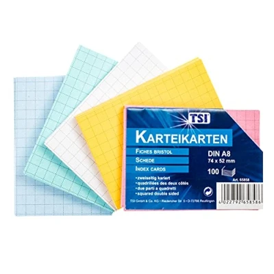 Abbildung von TSI Karteikarten farbig sortiert, 100er Packung, kariert, Größe: DIN A8 (74 x 52 mm), Art. Nr. 65858