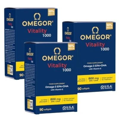 Abbildung von OMEGOR Vitality 1000 Nahrungsergänzungsmittel mit mg Omega 3 Vitamin E Für Ihr Herz und Gehirn 90% Konzentration 5 Sterne IFOS zertifiziert 90 Kapseln
