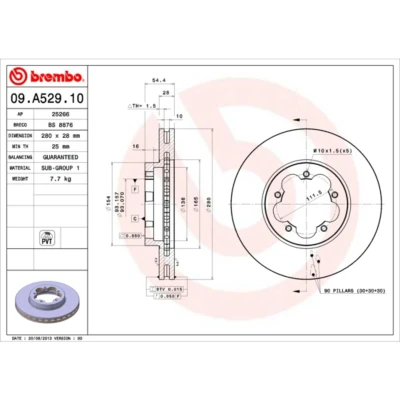 Abbildung von BREMBO 09.A529.10 Bremsscheibe 280 28 5 innenbelüftet FORD: Transit Mk6 Van, Minibus, Platform / Chassis