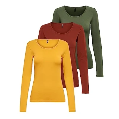 Abbildung von ONLY Damen Onllive Love LS O Neck TOP 3 Pack, Kalamata/Golden Yellow/Burnt Henna, M