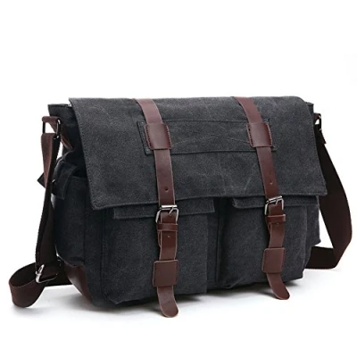 Abbildung von LOSMILE Herren Umhängetasche Schultertasche 16 Zoll Kuriertasche Canvas Laptop Tasche Messenger Bag für Arbeit und Schule. (L, Shwarz)