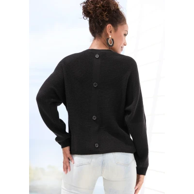Abbildung von LASCANA Rundhalspullover, mit Zierknöpfen hinten, lockerer Strickpullover