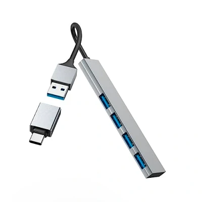 Abbildung von Hama USB Hub 4 Ports (USB A und C Anschluss, 4x für Maus, Tastatur, externe Festplatte, Stick etc., Aluminium Gehäuse, Ultra Slim, Adapter Büro, Home Office)