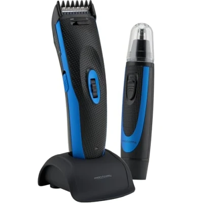 Abbildung von ProfiCare Bart /Haarschneidemaschine, Haartrimmer/Barttrimmer Herren, Ohren u. Nasenhaartrimmer, Akku / Netzbetrieb, Ausdünnfunktion, Edelstahl Präzisionsscherkopf, schwarz/blau, PC HSM/R 3052 NE