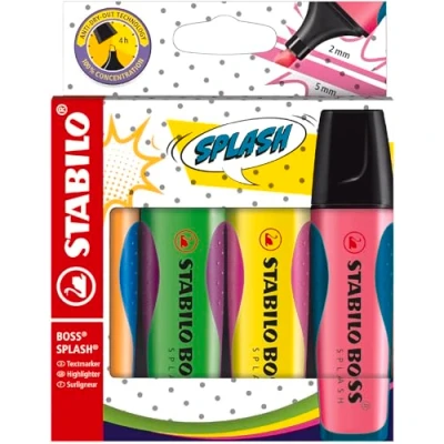 Abbildung von Textmarker STABILO BOSS SPLASH 4er Pack gelb, orange, grün, pink