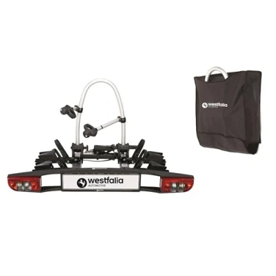 Abbildung von Westfalia BC 60 Fahrradträger für die Anhängerkupplung inkl. Tasche Kupplungsträger 2 Fahrräder E Bike geeignet zusammenklappbar, Schwarz, silber