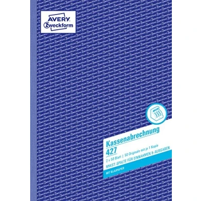 Abbildung von AVERY Zweckform 427 Kassenabrechnung (A4, 2x50 Blatt, 1 Blatt Blaupapier, MwSt. Spalte für Einnahmen &amp; Ausgaben, von Rechtsexperten geprüft, DE/AT, zur ordnungsgemäßen Buchführung) weiß/gelb
