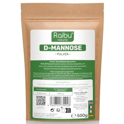 Abbildung von D Mannose Pulver 500g (8,3 Monate Vorrat) in Deutschland abgefüllt Natürlich, Vegan &amp; Laborgeprüft Extra Dosierlöffel RAIBU