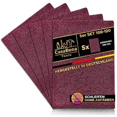 Abbildung von CasaBena® 5er Set Schleifvlies für Holz, Metall, Lack &amp; Edelstahl MADE IN GERMANY Schleifpapier Schleifpads 5 Pads mit Körnungen [100 120] 150x210mm GROB Schleifwolle Schmirgelpapier