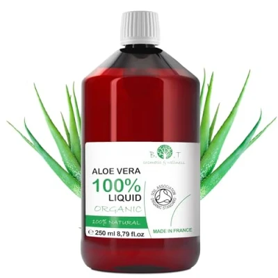 Abbildung von Flüssiges Bio Aloe Vera Gel zur Hautpflege (Gesichtswasser, Körperfeuchtigkeit) und Haarpflege (Repair für trockenes Haar). Heimkosmetik Präparat 250 ml