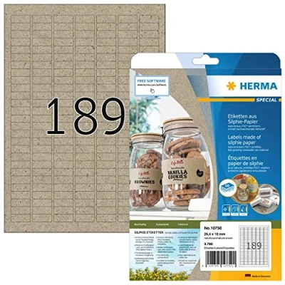 Abbildung von HERMA 10750 Universal Etiketten aus Graspapier, 20 Blatt, 25,4 x 10 mm, 189 pro A4 Bogen, 3780 Stück, selbstklebend, bedruckbar, matt, blanko Silphie Papier Klebeetiketten Aufkleber, natur braun