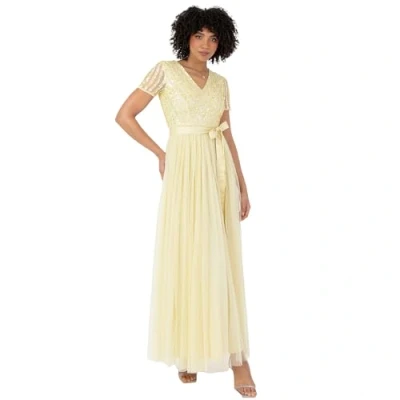 Abbildung von Maya Deluxe Damen Maxi Dress for Women Ladies Bridesmaid V Neck Ball Gown Short Sleeves Long Elegant Empire Waist Wedding Brautjungfernkleid, Zitronengelb, 42