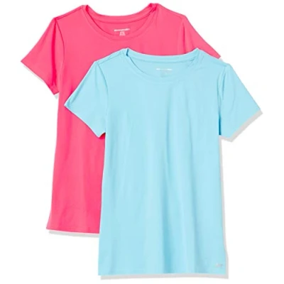 Abbildung von Amazon Essentials Damen Active Quick Dry Tech Stretch Kurzarm T Shirt mit Rundhalsausschnitt (in Übergröße erhältlich), 2er Pack, Blau/Neonrosa, XL