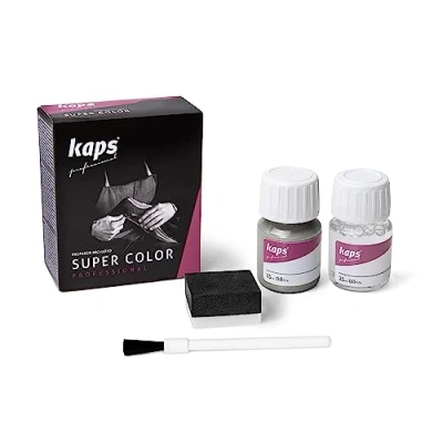Abbildung von Kaps Professional Lederfarbe Super Color + Preparer für Naturleder, Synthetik und Textil (je 25 ml) zur Pflege Reparatur von Lederschuhen in Verschiedenen Farben (402 Altsilber)