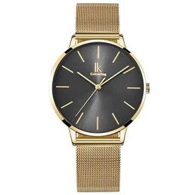 Abbildung von Alienwork Armbanduhr Damen Gold Metall Mesh Armband Edelstahl Grau Ultra flach dünn