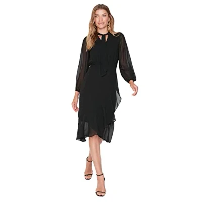 Abbildung von Trendyol Damen Regular Wickelschnitt Stehkragen im Choker Stil Webstoff Kleid, Schwarz, 34