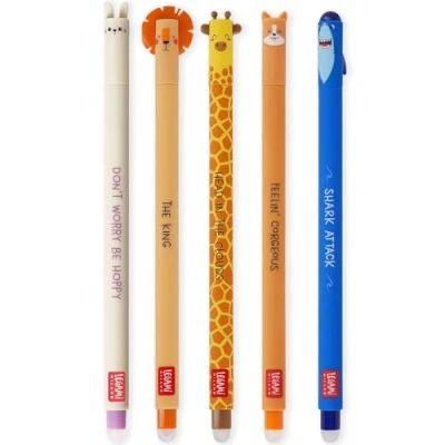 Abbildung von LEGAMI Set mit 5 radierbaren Gelstiften thermoempfindlicher Radiertinte, verschiedene Tintenfarben und Schaftdesigns, 0,7 mm Spitze, Hase, Löwe, Giraffe, Corgi Hai