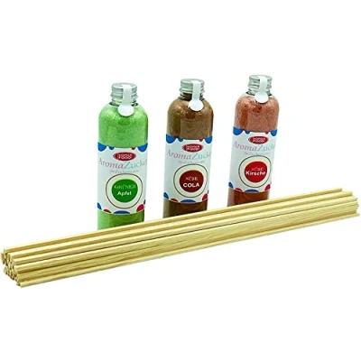 Abbildung von Zucker für Zuckerwatte 3 x 230 Gramm Zuckerwattemaschine Inklusive 50 Zuckerwattestäbe (Set 2 Apfel, Cola, Kirsche + Stäbe)