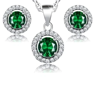 Abbildung von Crystalline Azuria Rund Grüner simulierter Smaragd Zirkonia Kristalle Schmuck Set Halskette Anhänger 45 cm Ohrstecker Ohrringe 18 kt Weiß Vergoldet