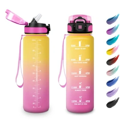 Abbildung von Trinkflasche Auslaufsicher 1L, Wasserflasche Kohlensäure Geeignet, Sport mit Zeitmarkierung, Strohhalm, Sportflasche für Gym, Schule, Camping, Fahrrad, Fitness