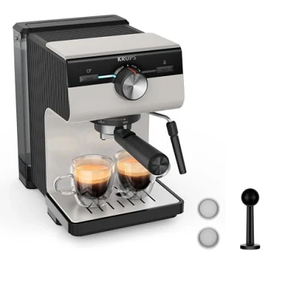 Abbildung von Krups Authentic Espresso Siebträgermaschine, 15 bar, intuitive Bedienung, raffiniertes Design, integrierte Dampfdüse, 2 L Wassertank, inkl. Zubehör, Grey/Creme, XP381B10