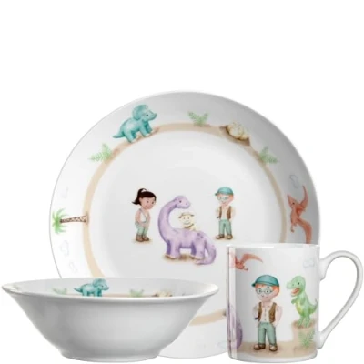 Abbildung von Leonardo Bambini Avventura Kinder Geschirr Set 3 teilig aus Porzellan Spülmaschinenfest, mikrowellengeeignet, robust 3er Schale, Tasse und Teller mit Motiv &quot;Dino&quot;, 022805