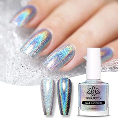 Abbildung von Born Pretty Glitzer Nagellack, Nagellack Holographic Glitter Regenbogen Shining Super Shine Nail Art Polish Silber