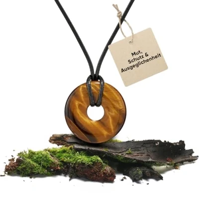 Abbildung von PURAJA Tigerauge Anhänger aus echtem Edelstein Heilstein Kette mit Donut inkl. hochwertigem Kordband