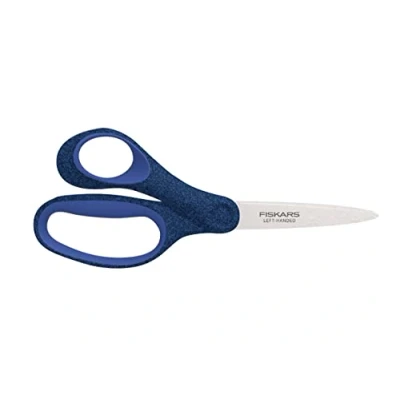 Abbildung von Fiskars Schülerschere, Schere für Kinder ab 12 Jahren, Linkshändig, SoftGrip, Gesamtlänge: 18 cm, Edelstahl Klingen, Glitzerndes Blau, 1067862