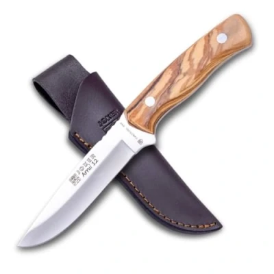 Abbildung von Joker Bushcraft Messer Arrui 12&quot; CO63, jagdmesser mit Griff aus Olivenholznholz, 12 cm Klinge Edelstahl, Gürtelmesser braune Lederscheide, Werkzeug zum Angeln, Jagen, Camping und Wandern