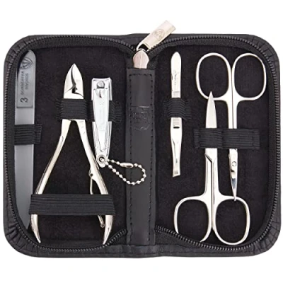 Abbildung von DREI SCHWERTER 6 tlg. Nagelset &#039;Verona&#039; Umfassendes Maniküre und Pediküre Set in schwarzem Echtleder Etui Inhalt: Nagelschere, Hautschere, Nagelknipser, Glasnagelfeile, Pinzette, Nagelzange