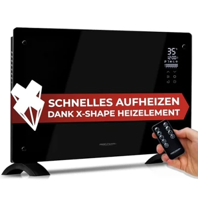 Abbildung von ProfiCare® Elektroheizung mit Glasfront &amp; X Shape Heizelement mobiler Heizkörper auch für Wandmontage geeignet Konvektor Heizung 2 Heizstufen lautloses Heizen 0dB PC GKH 3119 schwarz