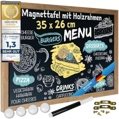 Abbildung von Magnetische Kreidetafel Schreibtafel Magnet Tafel zum Aufhängen Schiefertafel mit Holz Rahmen; Wandtafel inkl. Kreidestift &amp; Magnete (Kompakt 26 x 35 cm)